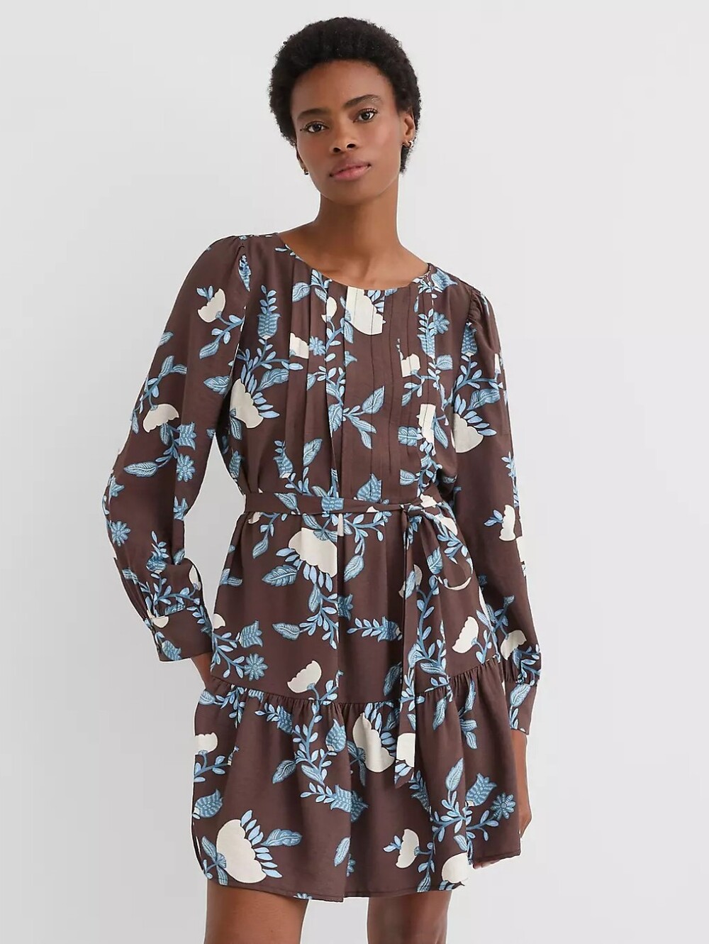 NWT LOFT Brown Floral Long-Sleeve Tiered Dress with Blue & Cream Garland